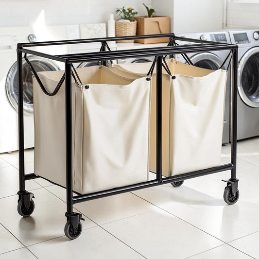 Yarto Laundry Sorter Cart with Wheels - 3 Removable Bags for Color Sorting - Heavy Duty Steel Frame Rolling Laundry Hamper - Capacity 132 lbs - Cream/Black