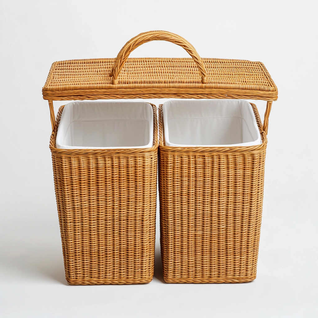 Yarto 110L Large Double Laundry Hamper with Lid - Handwoven Synthetic Rattan - 2 Compartments for Sorting - Removable Liner Bags - Waterproof & Breathable - Natural