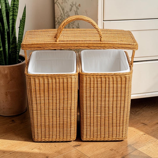 Yarto 110L Large Double Laundry Hamper with Lid - Handwoven Synthetic Rattan - 2 Compartments for Sorting - Removable Liner Bags - Waterproof & Breathable - Natural