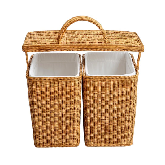 Yarto 110L Large Double Laundry Hamper with Lid - Handwoven Synthetic Rattan - 2 Compartments for Sorting - Removable Liner Bags - Waterproof & Breathable - Natural